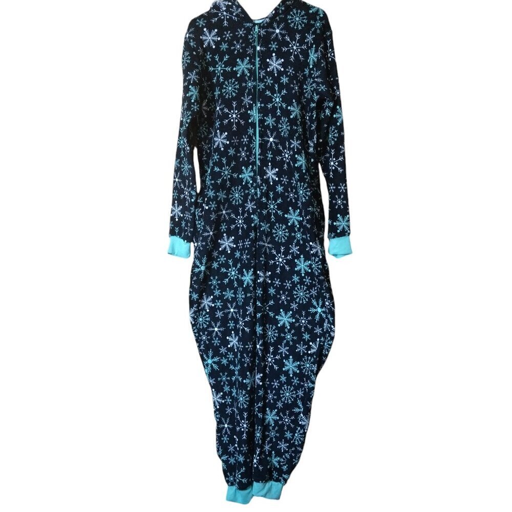 BODY CANDY WOMEN'S LARGE ONE PIECE HOODED PLUSH PAJAMAS SNOWFLAKES ZIP UP